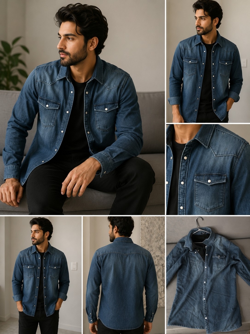 Men's Dark Blue Denim Shirt Jacket - Casual Western Style